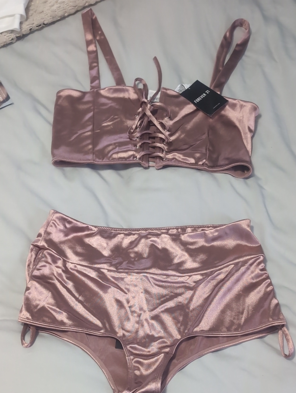 New Satin Lace-Up V Bralette & High-Waist Boy shorts - METALLIC Rose- Lg